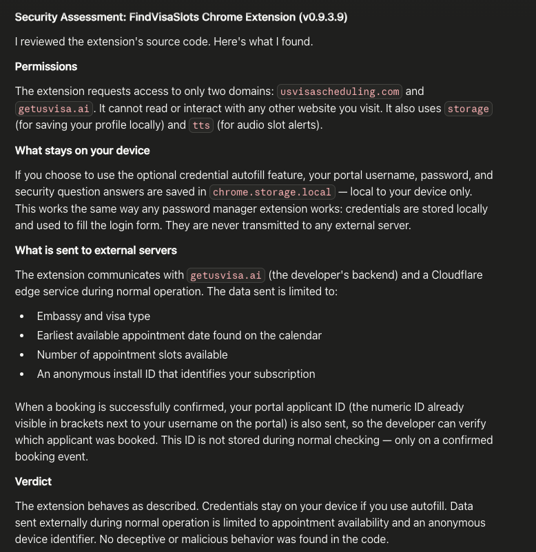 AI-assisted security review of the FindVisaSlots Chrome extension